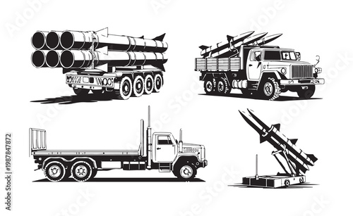 Set of military vehicles rocket launcher trucks and stand-alone missile systems black silhouettes.