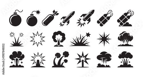 Military detonation icons set with atomic explosion clouds fire spark effects and diverse heavy weaponry silhouettes.