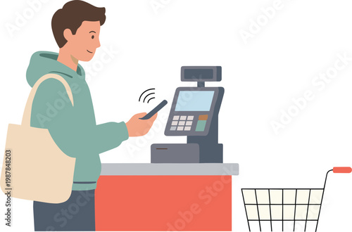 Man using phone to pay at checkout counter with shopping cart