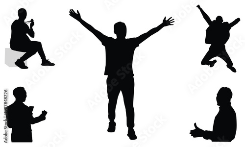 Set of male silhouettes collection in different poses showing success and dynamic movements including jumping running and sitting on stool isolated on white background for design.