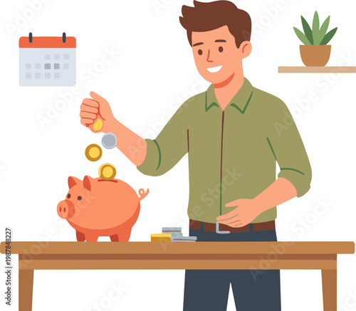 Man putting coins into piggy bank on wooden table indoors