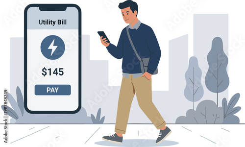 Man walks down the street while paying utility bill on smartphone