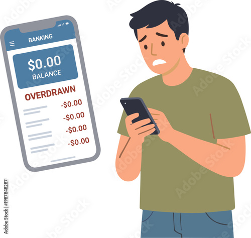 A shocked man checks his overdrawn bank account on his phone.