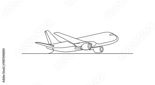 Airplane taking off, minimalist line art, side view, travel and transport concept