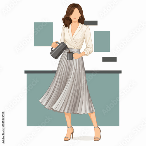 Elegant Flat Illustration of a Woman Pouring Coffee in a Kitchen Setting