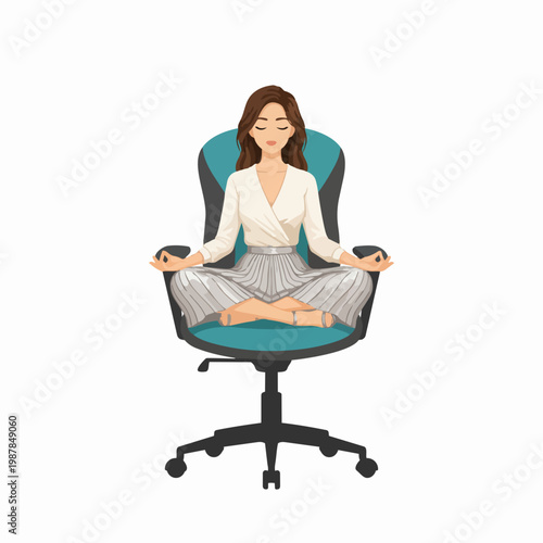 Flat Illustration of a Woman Meditating in Lotus Position on Office Chair