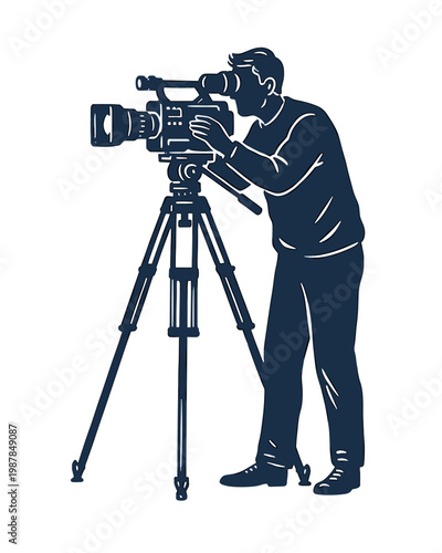 Cameraman Operating Professional Video Camera on Tripod Illustration