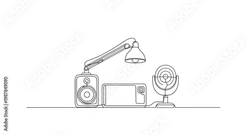 Minimalist Line Art: Speaker, Camera, and Desk Lamp on White Background