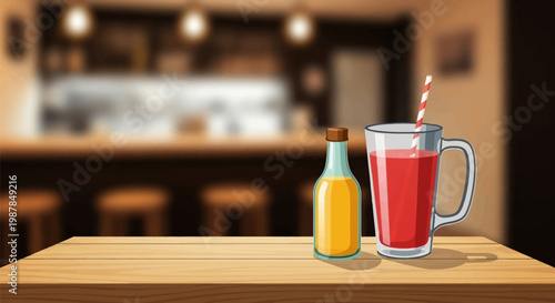 Vector illustration of a glass of red cocktail with a striped straw and a bottle of yellow juice on a wooden table in front of a blurred restaurant bar interior background.