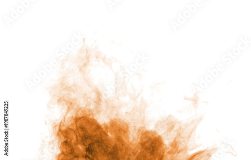 powder explosion, brown sand dust, and smoke rising on white background. abstract smoke vapor form for cinematic composition design, fire energy motion. glowing atmospheric texture for visual effects