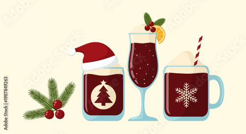 Vector illustration featuring three festive holiday beverages including a mug with a Santa hat, a tall glass with orange garnish, and a mug with a snowflake and striped straw.