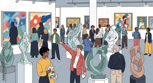 Art Gallery Visitors Admire Sculptures and Paintings.