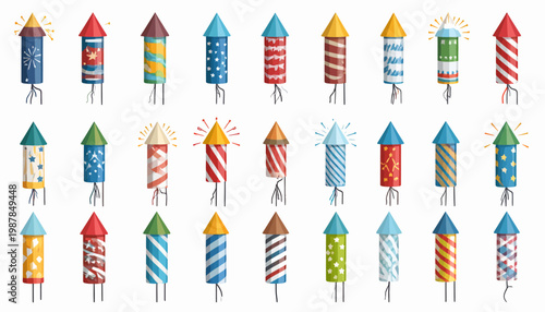 Assortment of vibrant cartoon fireworks rockets, featuring diverse patterns and fuse styles for festive celebrations