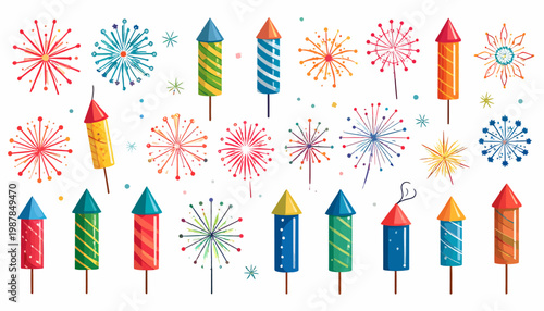 Collection of cartoon firecrackers in various shapes, sizes, and fuse styles, perfect for celebrations and festivities