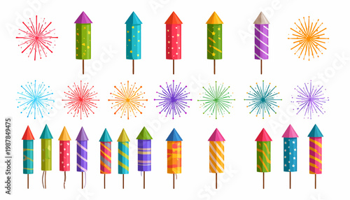 Collection of colorful firework rockets and exploding fireworks for celebrations and events
