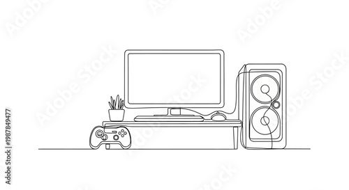 Minimalist Gaming Setup: Computer, Controller, and Speaker in Line Art Style