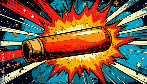 Dynamic Cartoon Explosion of a Blasting Cap with Vibrant Burst, Comic Book Style, Bold Outlines
