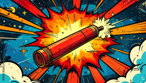 Energetic cartoon firecracker icon exploding with colorful radial lines and starry background