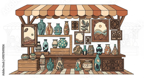 Artisan Market Stall Displaying Pottery and Paintings.