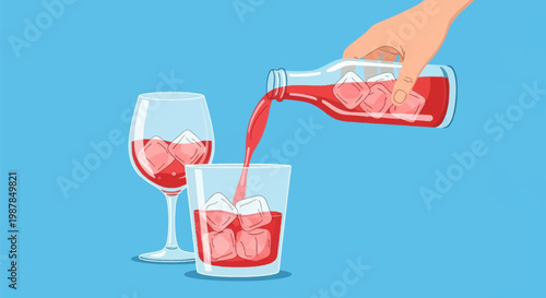 Flat vector illustration of a human hand pouring a red fruit juice or cocktail drink from a glass bottle with ice cubes into a tumbler glass, with a wine glass on a blue background.