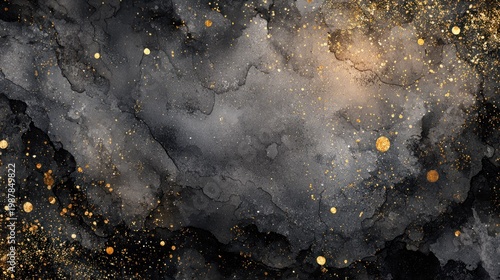 Dark and moody abstract background featuring deep gray washes mixed with abundant golden sparkles