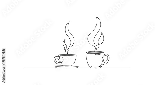 Two steaming cups of coffee, minimalist line art, hot beverage, aroma, morning ritual