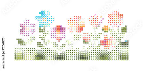 A colorful cross stitch pattern depicts several blooming flowers and grassy ground cover