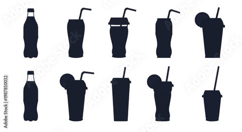 Collection of dark silhouettes featuring various beverage containers including soda bottles, takeaway cups with straws, lids, and glasses with citrus slices on a white background.
