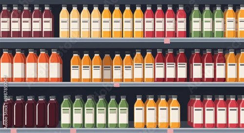 Vector illustration of multiple rows of juice and smoothie bottles with blank labels on grocery store shelves, featuring various colorful liquids like orange, green, and red.
