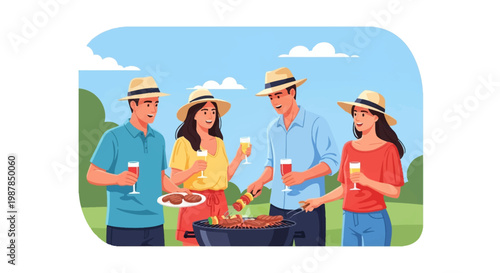 Vector illustration of four friends wearing straw hats at a summer outdoor barbecue party, cooking food on a charcoal grill and holding drinks in a park setting.