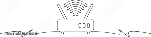 A simple line drawing of a WiFi router with signal waves emanating from it