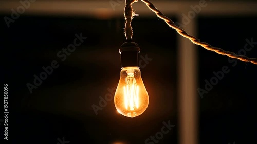 Glowing Light Bulb on String Lights at Night.