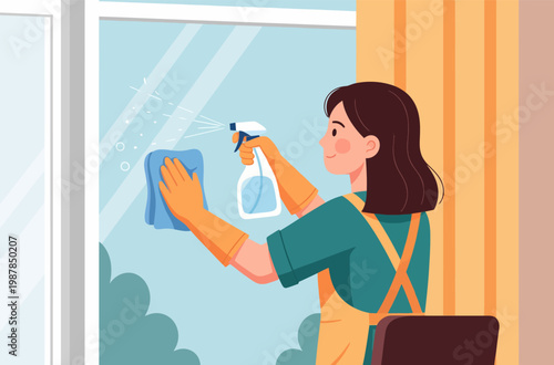 Young woman cleaning window at home
