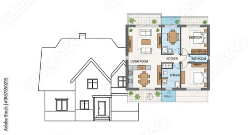 Architectural Floor Plan Overlay on House Sketch.