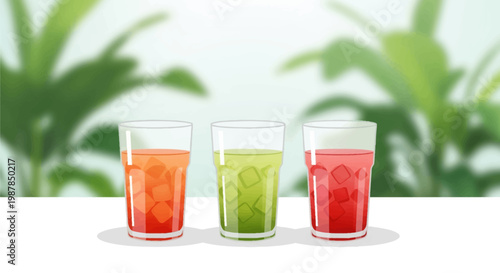 Vector illustration of three transparent glasses filled with orange, green, and red beverages containing ice cubes, set on a white surface with blurred tropical foliage background.