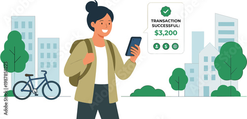 A woman checks her phone while standing in a city with a bicycle and buildings.