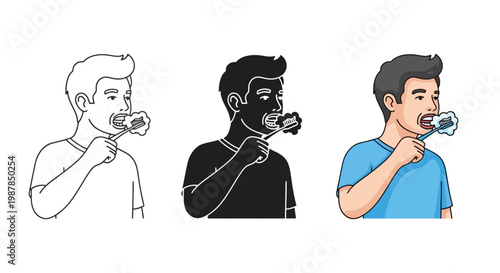 Detailed vector graphic illustration showing a young man performing his daily morning hygiene routine by brushing his teeth carefully with a blue handled plastic toothbrush