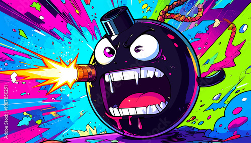 Funny cartoon bomb character with a lit fuse, firing a projectile with an exaggerated expression and dripping sweat