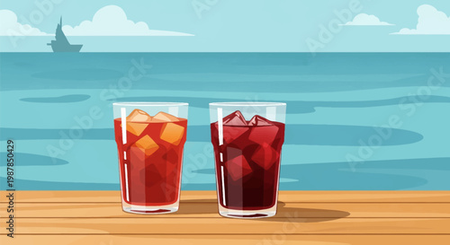 Vector illustration of two cold iced drinks in glasses on a wooden deck overlooking the calm blue ocean with a ship on the horizon and a cloudy sky in the background.
