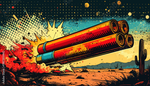 Dynamic Comic Book Explosion Vintage Dynamite Sticks Ignite Desert Landscape with Pop Art Energy