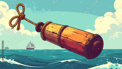 Old-fashioned spyglass on a weathered rope with ships sailing in the distance on the ocean