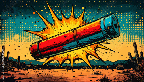 Vibrant Retro Cartoon Dynamite Explosion in a Desert Landscape with Classic Comic Halftone Art