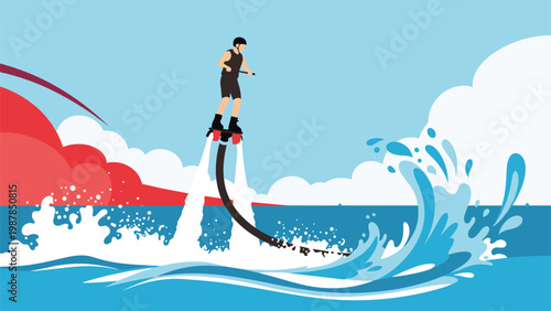 Thrilling summer sport illustration of a person flyboarding high above the ocean surface with powerful water jets and large waves.