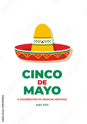Colorful vector illustration for Cinco de Mayo, featuring a festive sombrero and celebratory typography, ideal for commemorating Mexican heritage and May 5th festivities