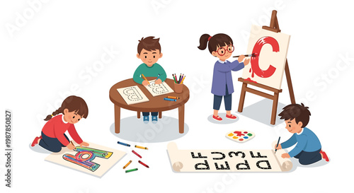 Four children engaging in creative activities with art supplies and colorful drawings on paper and canvas