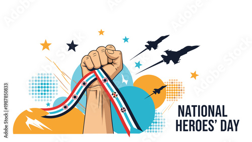 National heroes day tribute graphic with a powerful raised fist holding a patriotic ribbon as fighter jets fly across a blue sky.