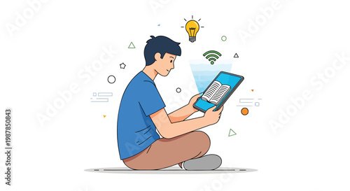 Man sitting cross legged with tablet surrounded by symbols and icons representing ideas and connectivity