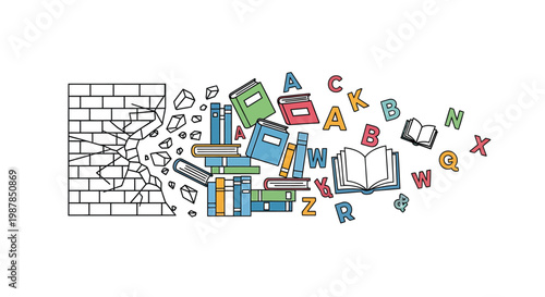 Colorful illustration of books and letters bursting out of a brick wall symbolizing knowledge and learning