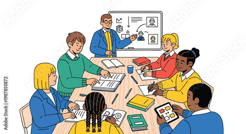 Diverse group of students and teacher in classroom setting with books and digital tablet engaged in learning