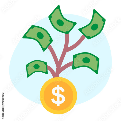 Money growing plant illustration with coin pot and financial growth